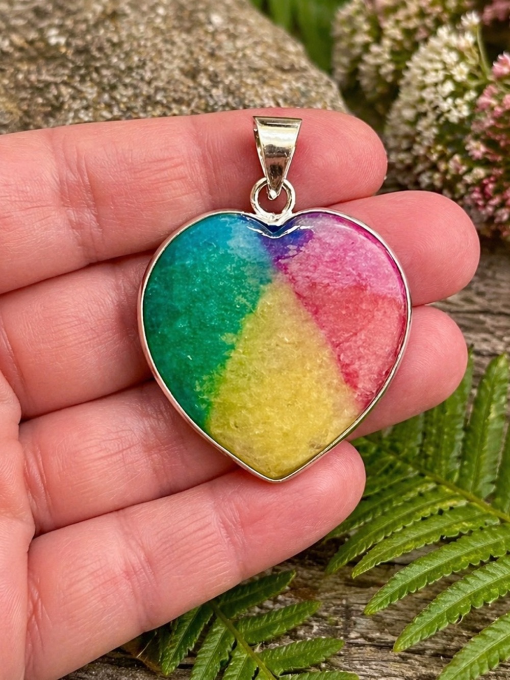 Colorful Rainbow Solar Quartz Heart 1.5” Sterling Silver Pendant - Picture 2 of 5